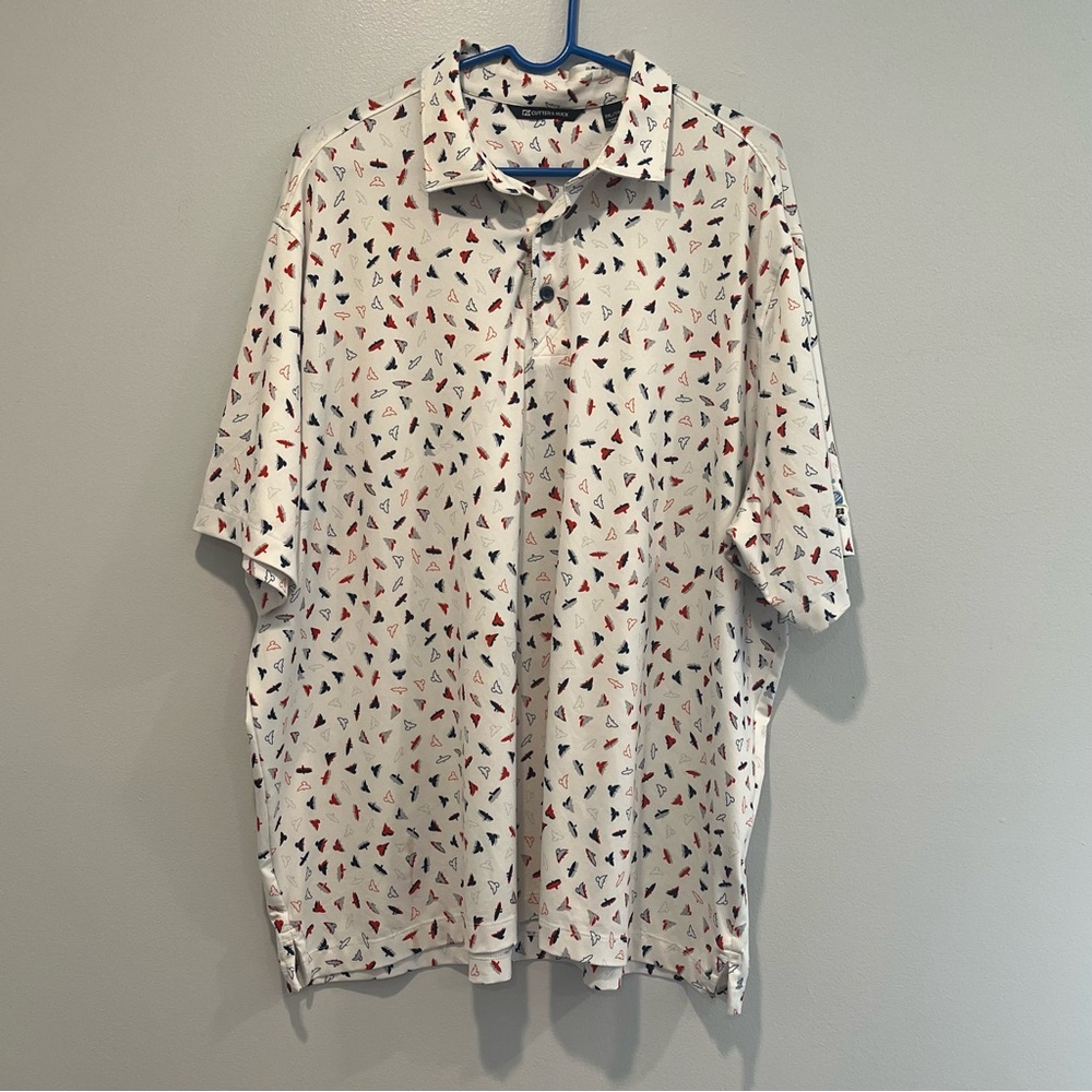 Men’s Cutter & Buck White Shirt with Red and Blue Pattern, Birds of Prey XXL.